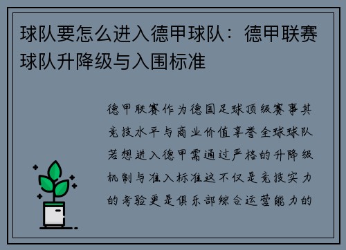 球队要怎么进入德甲球队：德甲联赛球队升降级与入围标准