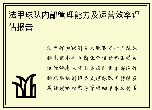 法甲球队内部管理能力及运营效率评估报告